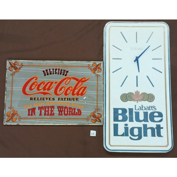LOT OF 2 -  LABATT'S BLUE LIGHT PLASTIC BATTERY OP CLOCK & COCA-COLA BAR MIRROR SIGN