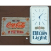 Image 1 : LOT OF 2 -  LABATT'S BLUE LIGHT PLASTIC BATTERY OP CLOCK & COCA-COLA BAR MIRROR SIGN