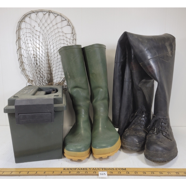 LOT OF 6 - REDHEAD MEN'S PANTS, NOKIA FISHING BOOTS, BARE KODIAK JACKET, FISHING NET, ETC