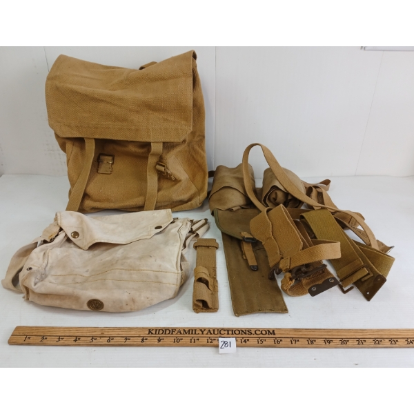 JOB LOT - WWII CDN FIELD GEAR - INCL BAG, CLEANING ROD COVER, STRAPS, ETC