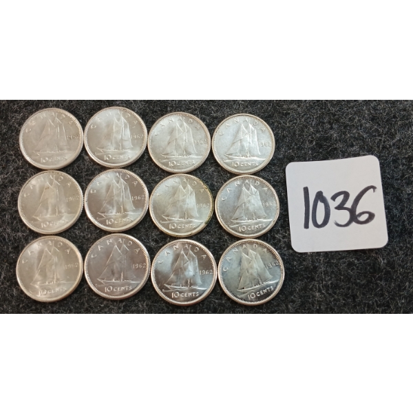 LOT OF 12 - 1962 CDN 10 CENT COINS