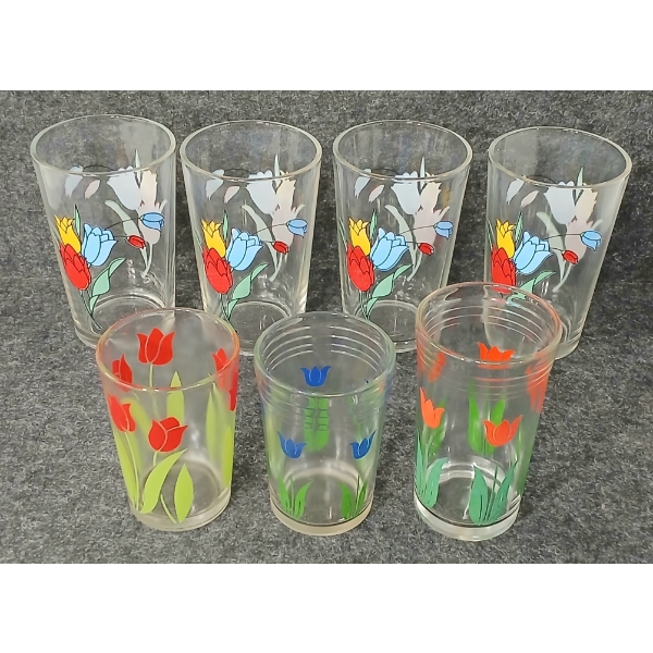 LOT OF 7 - KRAFT SWANKY SWIG & LIBBEY TULIP PATTERN JUICE GLASSES