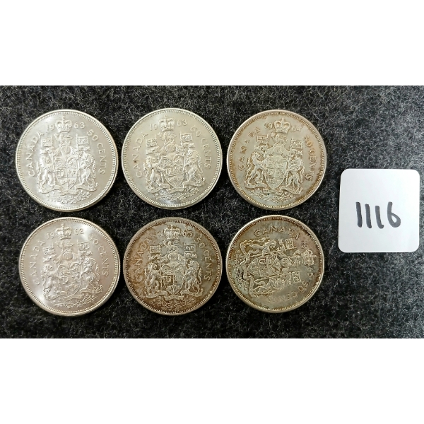 LOT OF 6 - 1962 & 1965 CDN SILVER 50 CENT COINS