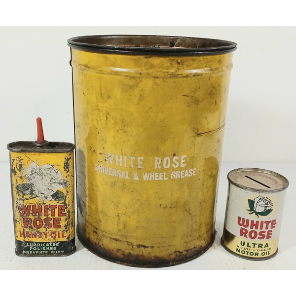 LOT OF 3 - WHITE ROSE UNIVERSAL / WHEEL GREASE, HANDY OILER & COIN BANK - 5 LBS