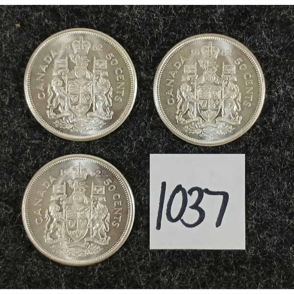 LOT OF 3 - 1962 CDN 50 CENT SILVER COINS