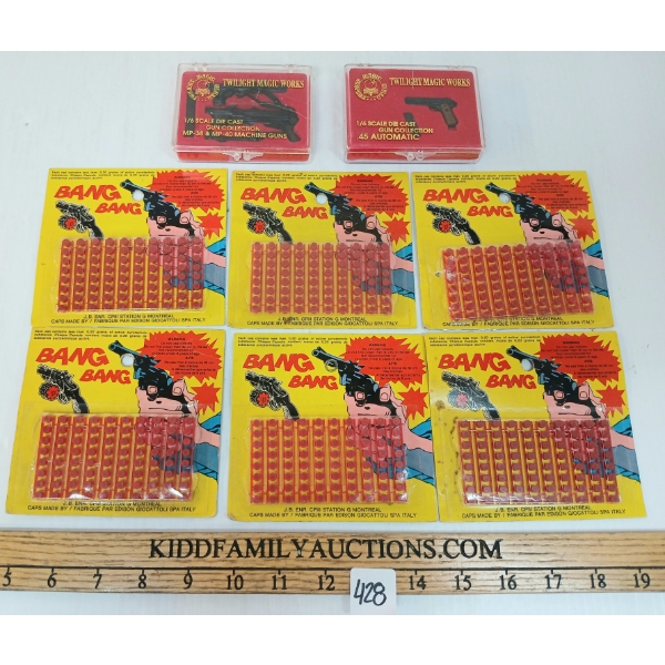 LOT OF 8 - TWILIGHT MAGIC WORKS DIECAST FIREARM MODELS & BANG-BANG CAP GUN CAPS