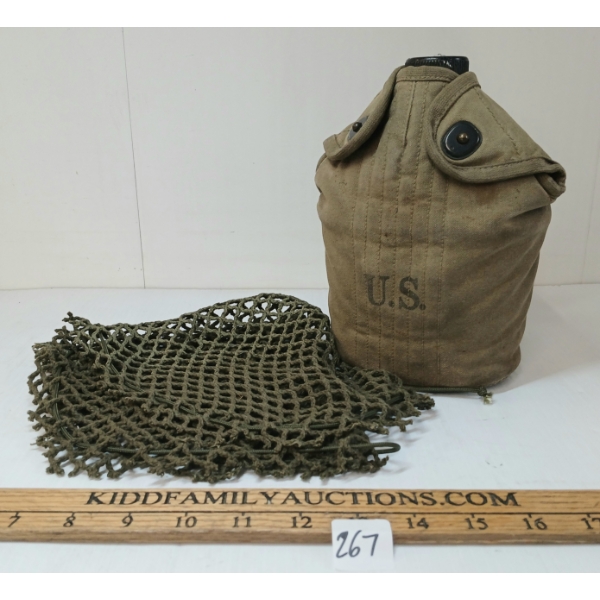 LOT OF 2 - WWII CDN MK II HELMET NET & WWII U.S. CANTEEN W/ WEB GEAR