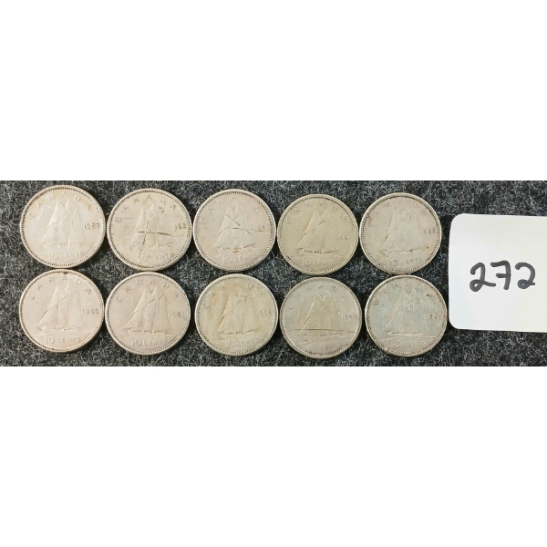 LOT OF 10 - 1956-1966 CDN 10 CENT COINS