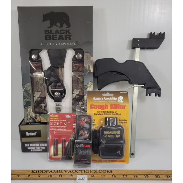 LOT OF 6 - ALLEN SIGHT KIT, COUGH KILLER, BUSHNELL CAR WINDOW MOUNT, ETC 