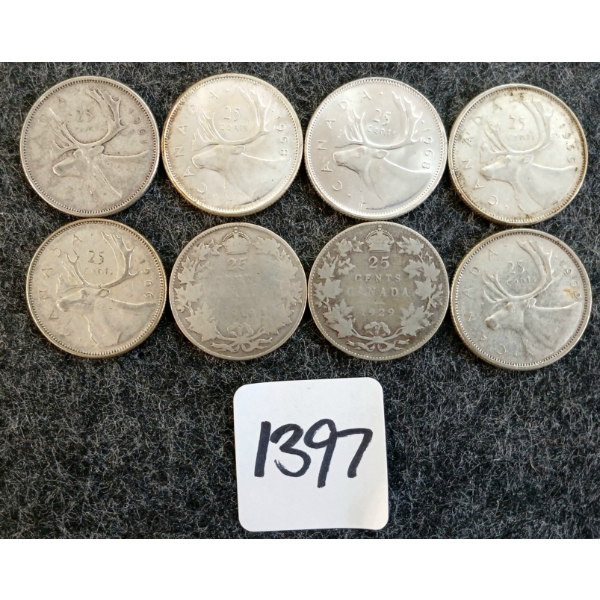 LOT OF 8 - 1919-1968 CDN 25 CENT COINS