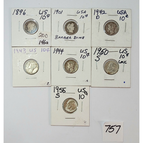 LOT OF 7 - 1896-1955 US SILVER 10 CENT COINS