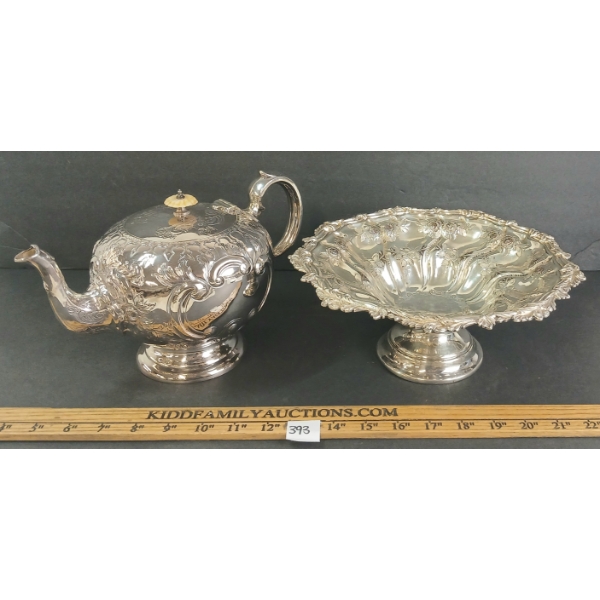 LOT OF 2 - SILVERPLATED EPNS BROS. TEAPOT W/ PEARL HANDLE & SILVER MOUNTS FRUIT BOWL