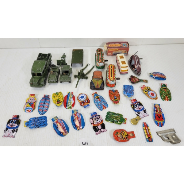 JOB LOT - TINS TOYS & DIECAST VEHICLES - INCL MATCHBOX & DINKY, ETC