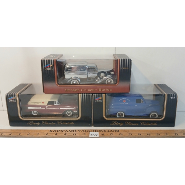 LOT OF 3 - LIBERY CLASSICS 1948 FORD, 1957 CHEVY & 1936 DODGE DIECAST COIN BANKS - ELMIRA & IDEAL