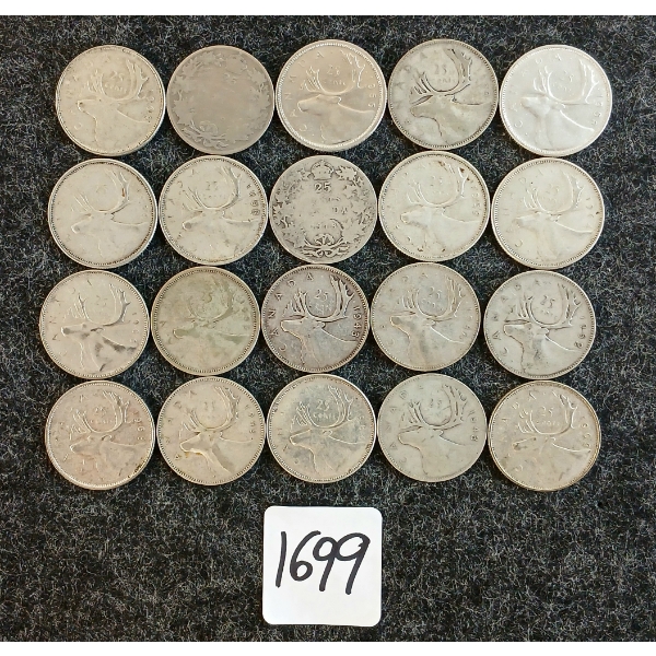 LOT OF 20 - 1918-1968 CDN 25 CENT COINS