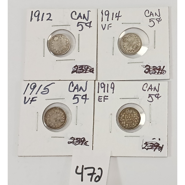 LOT OF 4 - 1912, 1914, 1915 & 1919 CDN 5 CENT SILVER COINS