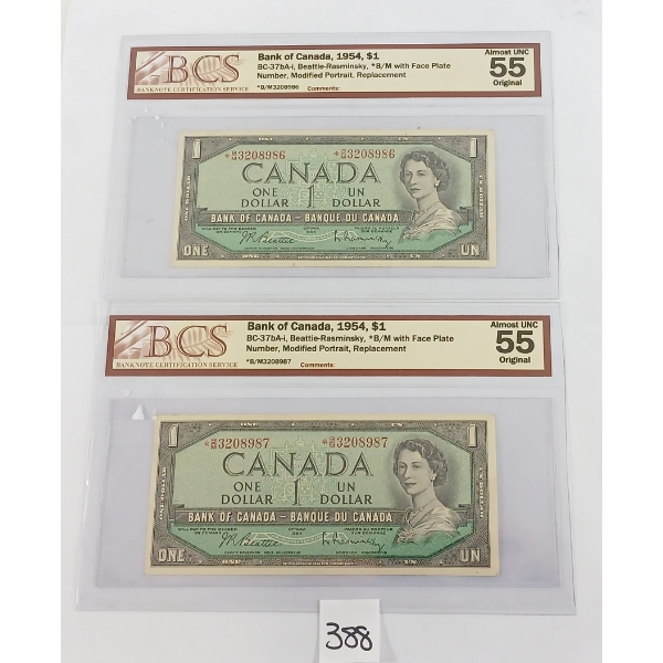 LOT OF 2 - 1954 CDN $1 REPLACEMENT BANKNOTES - BCS GRADED & SEQUENTIAL