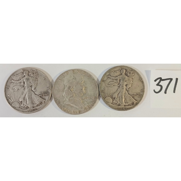 LOT OF 3 - 1941, 1942 & 1962 U.S. WALKING LIBERTY & BENJAMIN FRANKLIN SILVER HALF DOLLARS