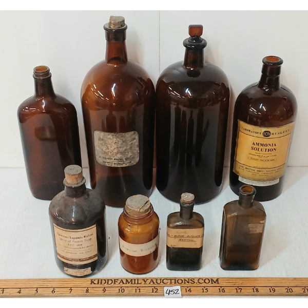 LOT OF 8 - AMBER GLASS APOTHECARY & MISC PRODUCT BOTTLES