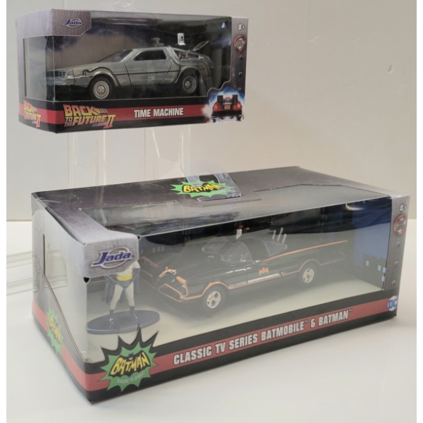 LOT OF 2 - JADA BACK TO THE FUTURE II & CLASSIC TV SERIES BATMOBILE DIECAST MODELS