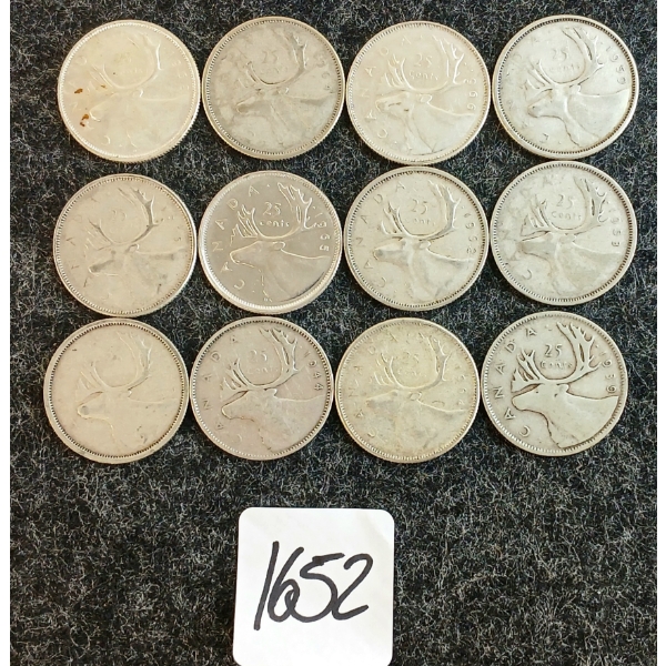 LOT OF 12 - 1939-1965 CDN 25 CENT COINS 