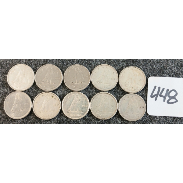 LOT OF 10 - 1954-1971 CDN 10 CENT COINS