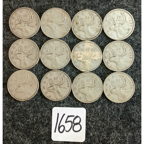 LOT OF 12 - 1945-1957 CDN 25 CENT COINS 