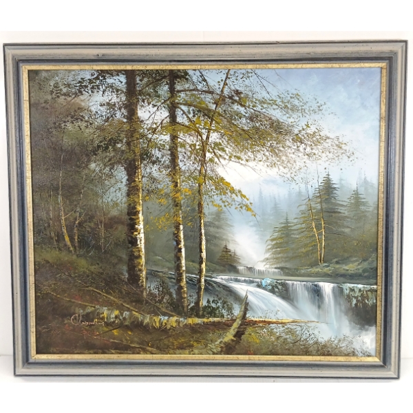 WATERFALL IN FOREST BY CHAPMAN - FRAMED OIL ON CANVAS