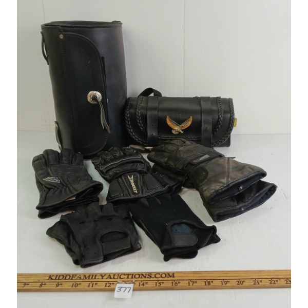LOT OF 7 - LEATHER STORAGE BAGS & MISC RIDING GLOVES