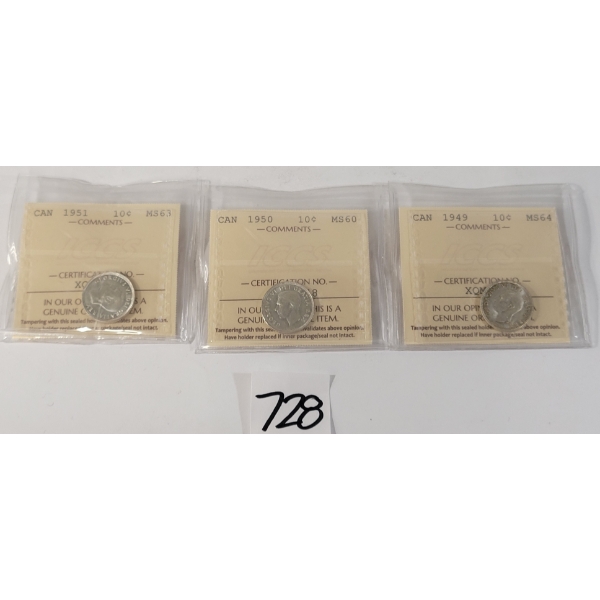 LOT OF 3 - 1949-1951 CDN SILVER DIMES - ICCS GRADED