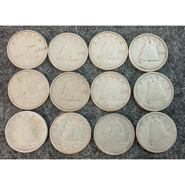LOT OF 12 - 1940-1964 CDN 10 CENT COINS