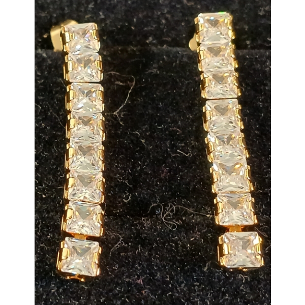 PAIR OF - 18K GOLD PLATED PRINCESS CUT SIMULATED DIAMOND (CZ) TASSEL EARRINGS