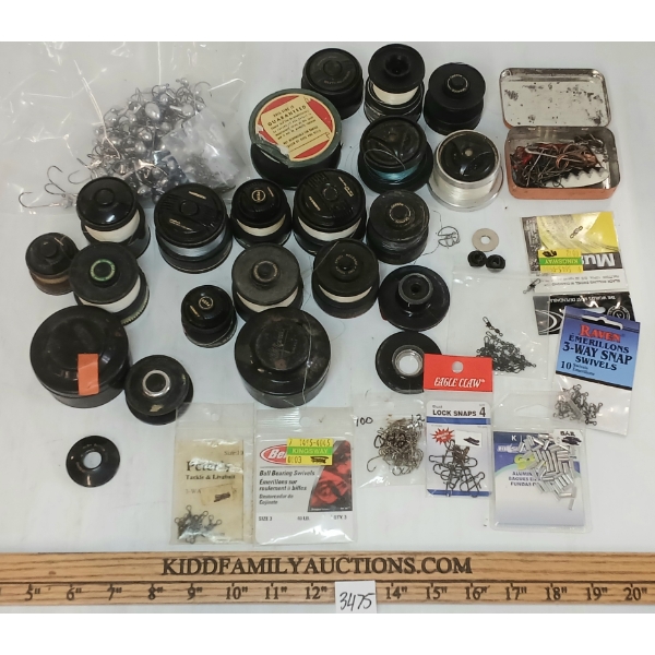 JOB LOT - FISHING REEL PARTS, CASTING LINE, HOOKS, WEIGHTS, ETC