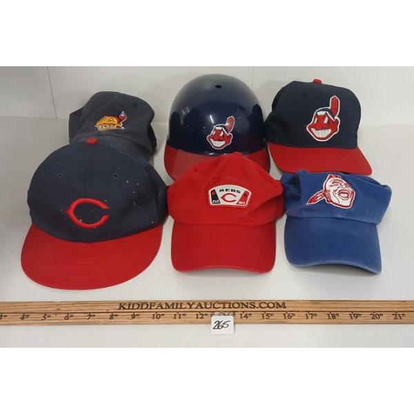 LOT OF 6 - CLEVELAND INDIANS SNAP-BACK BASEBALL CAPS & HELMET