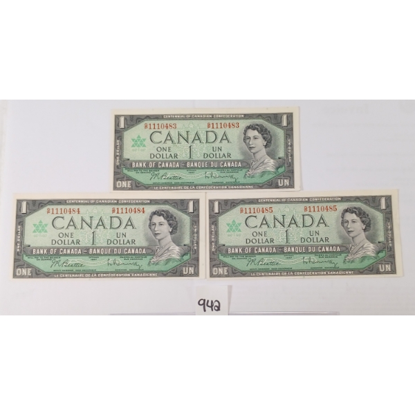 LOT OF 3 - 1967 CDN $1 BANKNOTES - SEQUENTIAL & UNCIRCULATED