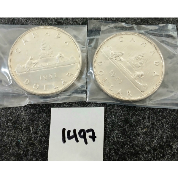 LOT OF 2 - 1951 CDN SILVER DOLLARS - VOYAGEUR