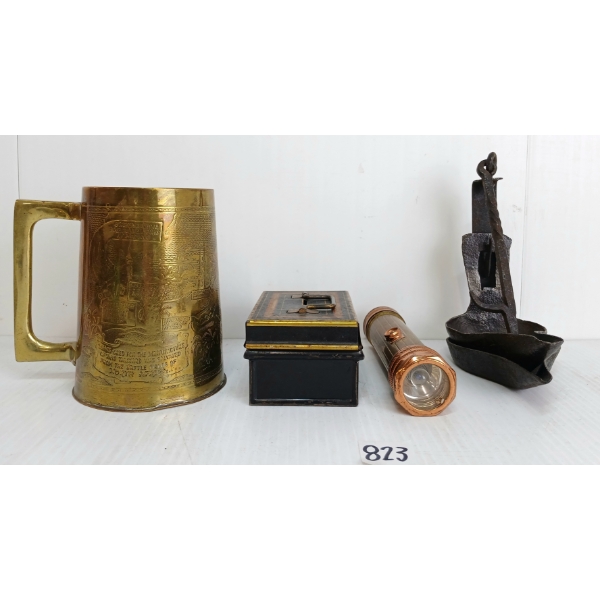 LOT OF 7 - MISC TOOLS & COLLECTIBLES - INCL THE GOLDEN RULER, SMELTING TOOLS, BRASS TANKARD, ETC