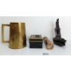 823  LOT OF 7  MISC TOOLS and COLLECTIBLES  INCL THE GOLDEN RULER, SMELTING TOOLS, BRASS TANKARD, ETC