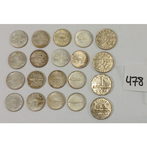 LOT OF 20 - CDN 5 CENT & 10 CENT PCS - INCL SILVER