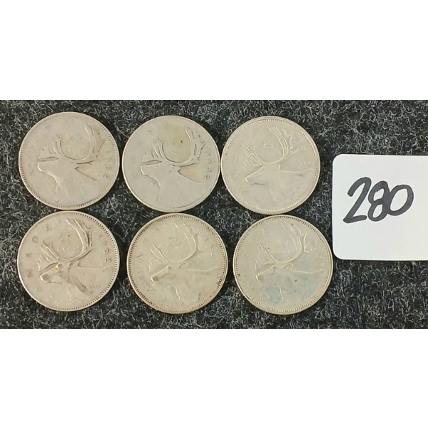 LOT OF 6 - 1943-1966 CDN 25 CENT COINS