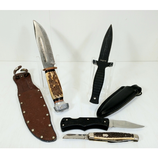 LOT OF 4 - HUNTING & FOLDING KNIVES - INCL ANTLER HANDLE, IMPERIAL, SWHRT9B, ETC