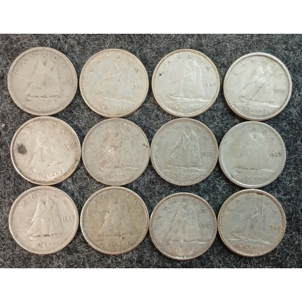 LOT OF 12 - 1941-1966 CDN 10 CENT COINS