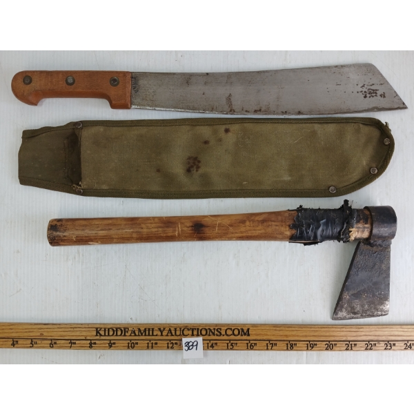 LOT OF 2 - MACHETE W/ SHEATH & AXE