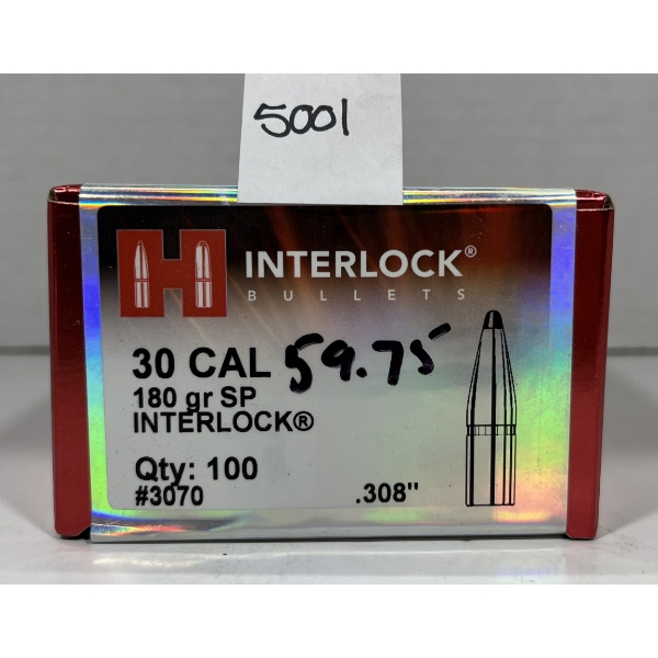 BULLETS: 100X HORNADY .30 - 180 GR - SP INTERLOCK - SEALED