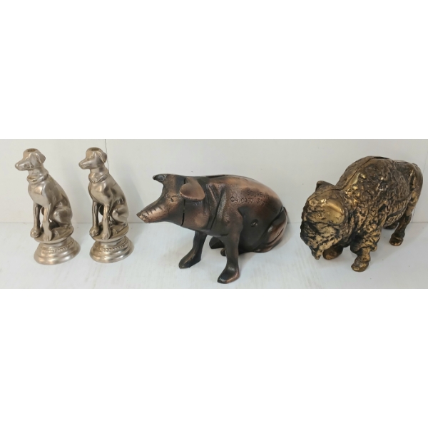 LOT OF 4 - CAST IRON BUFFALO & PIG COIN BANKS & GREYHOUND FIGURES