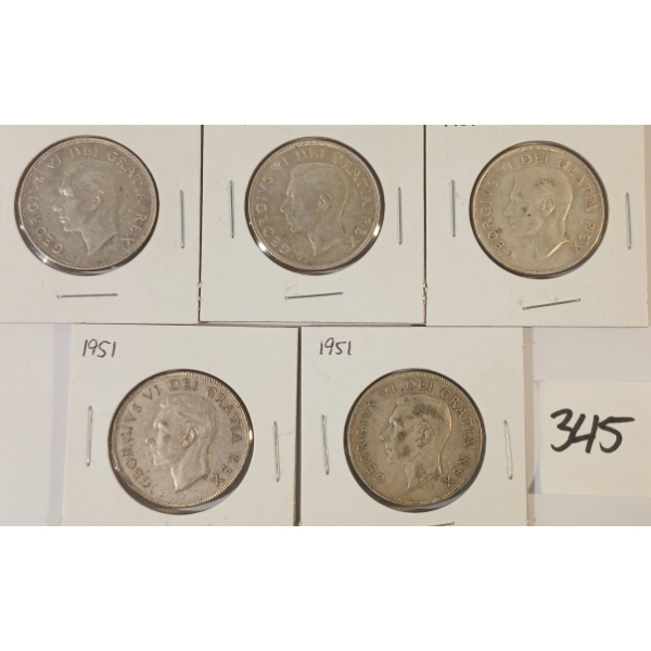 LOT OF 5 - 1951 CDN SILVER HALF DOLLARS