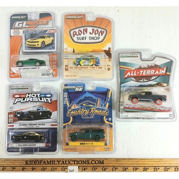 LOT OF 5 - GREENLIGHT DIECAST RON JON SURF SHOP '69 VOLKSWAGEN TYPE 2 BUS, ETC