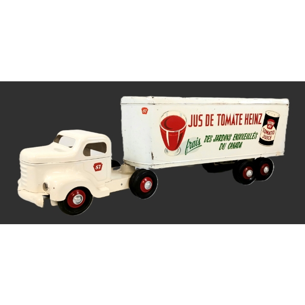 MINNITOYS PRESSED STEEL HEINZ TOMATO JUICE TRANSPORT TRUCK & TRAILER