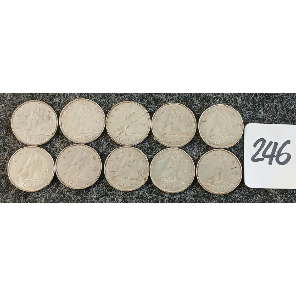 LOT OF 10 - 1968 CDN 10 CENT COINS