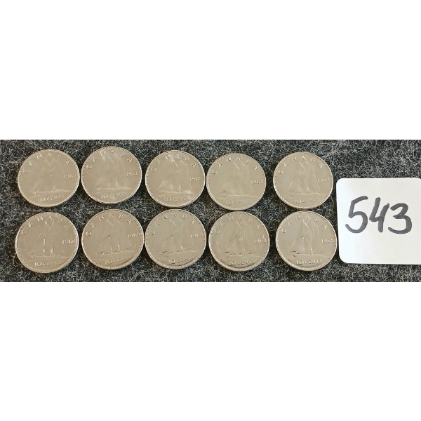 LOT OF 10 - 1968 CDN  10 CENT COINS
